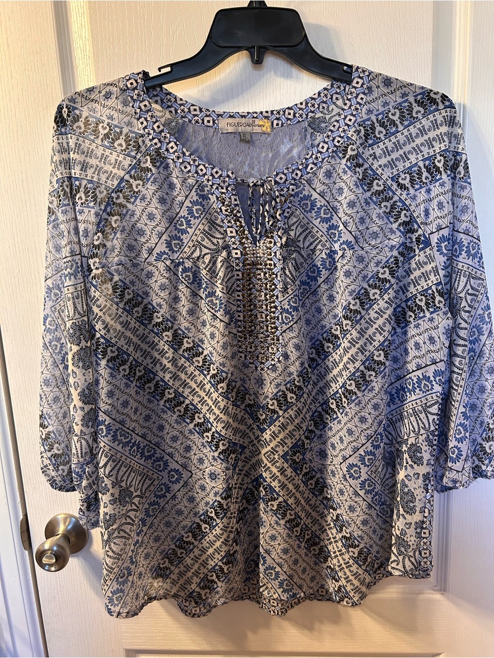 Figueroa & flower. Blue design print peasant blouse with studs.